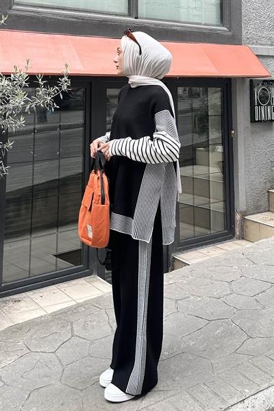 Yan Çizgili Panço Tesettür Takım Siyah