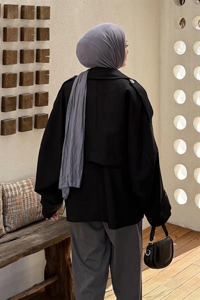 Kruvaze Kısa Tesettür Trençkot Siyah