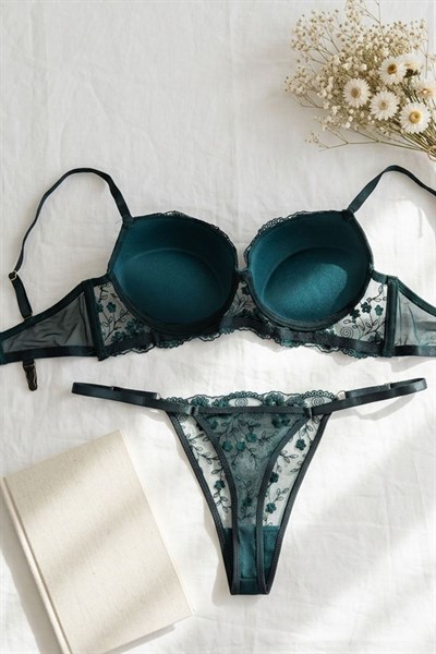 Destekli Brode Sütyen Takımı Zümrüt Yeşili