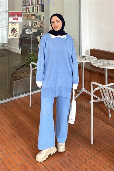 Yakası Taşlı Triko Takım Bebe Mavisi