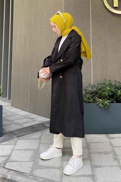 Pelican Ön Düğmeli Trençkot Siyah