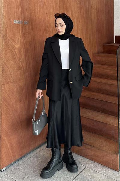 Gold Düğmeli Blazer Ceket Siyah