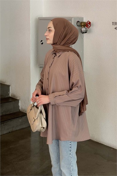 Sırt Robalı Çizgi Detaylı Tunik Çikolata Kahve