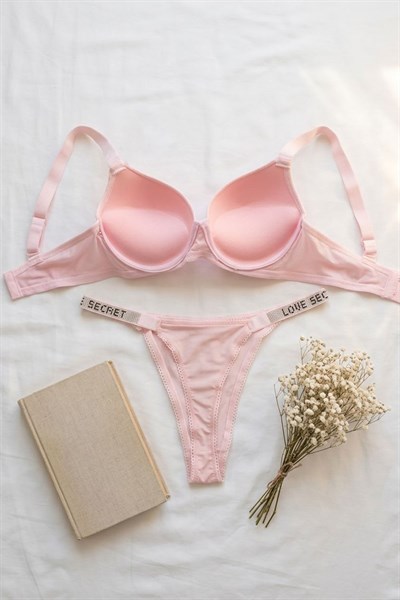 Mikro Kumaş Düz RenkTaşlı Destekli Sütyen Takımı Şeker Pembesi