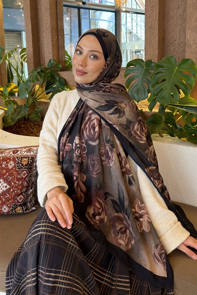 Çiçek Desen Bambu Şal Koyu Yeşil