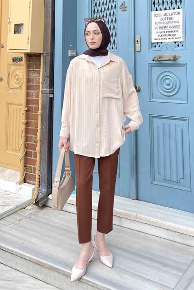 Tek Cep Çizgili Gömlek Bej
