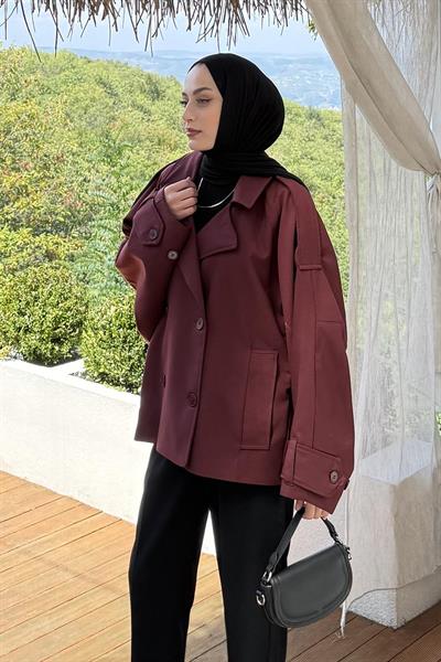 Kruvaze Kısa Tesettür Trençkot Bordo