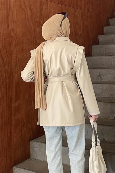 Kruvaze Yaka Kuşaklı Deri Ceket Krem