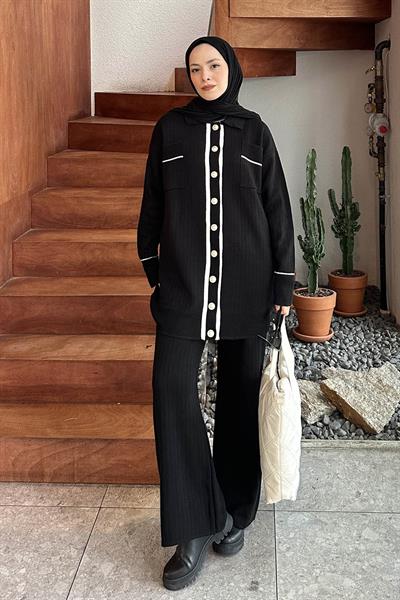 Cep Detaylı Garnili Triko Takım Siyah