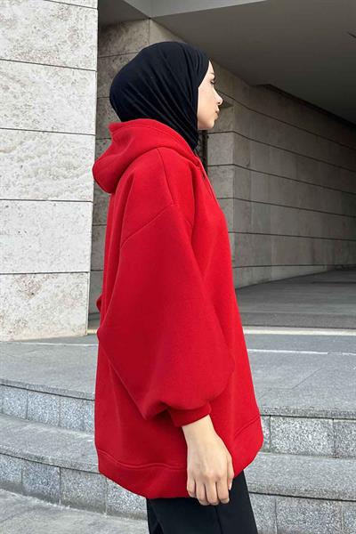 Üç İplik Balon Kol Sweatshirt Kırmızı