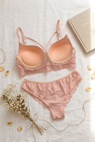 Dantelli Destekli Ipli Sütyen Takımı Pudra