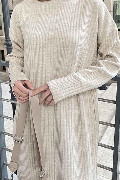 Fitilli Triko Uzun Elbise Bej