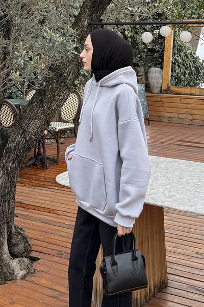 Üç İplik Kanguru Cep Sweatshirt Açık Gri