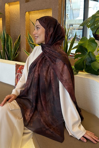 Gül Çiçek Desen Ferah Şal Koyu Kahve