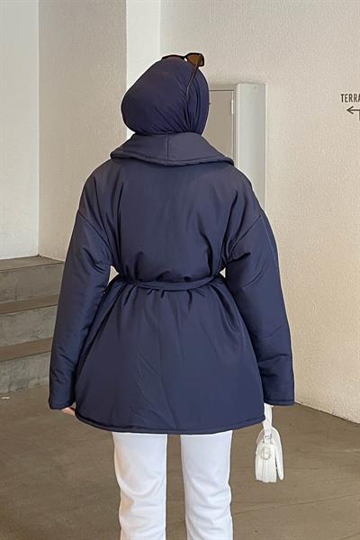 Düz Kuşaklı Şişme Mont Lacivert