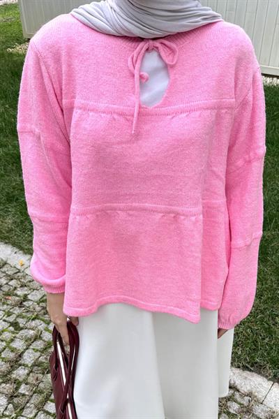 Yakası Bağcıklı Triko Kazak Pembe