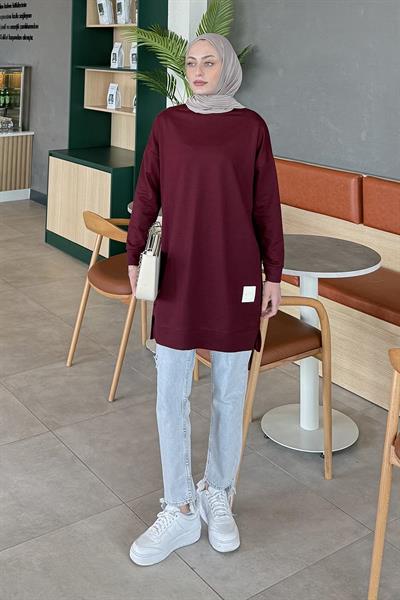 İki iplikli Arma Detaylı Sweat Tunik Bordo