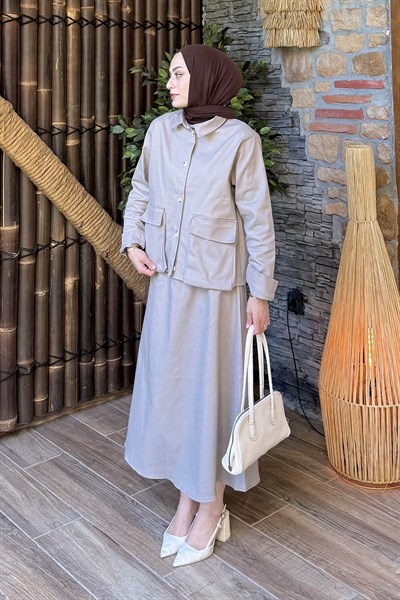 Cep Detaylı İkili Etek Tesettür Takım Siyah Gri