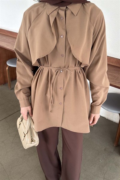 Pelerin Detaylı Gömlek Soft Kahve