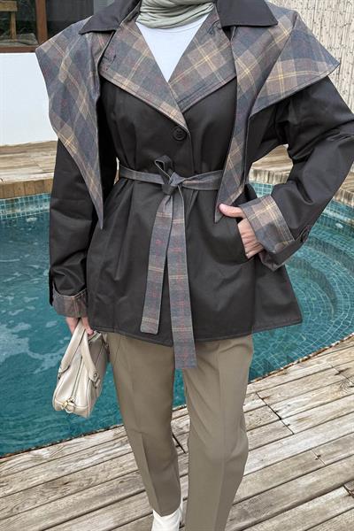 Ekose Yaka Bağlama Detaylı Mont Koyu Kahve