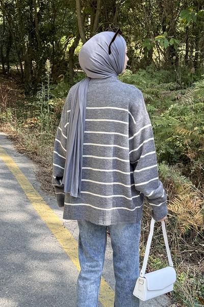 Çizgili Triko Kazak Antrasit