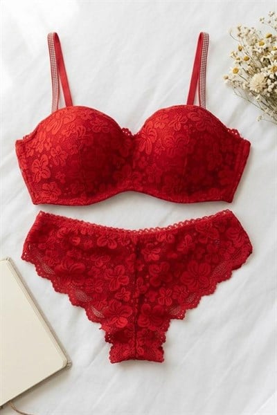 Toparlayıcı Özellik Çıkarılabilir Askı Lotus Sütyen Takım Kırmızı