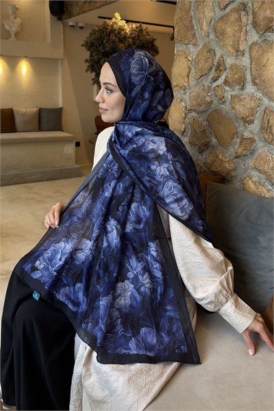 Vintage Flower Desen Bambu Şal Lacivert