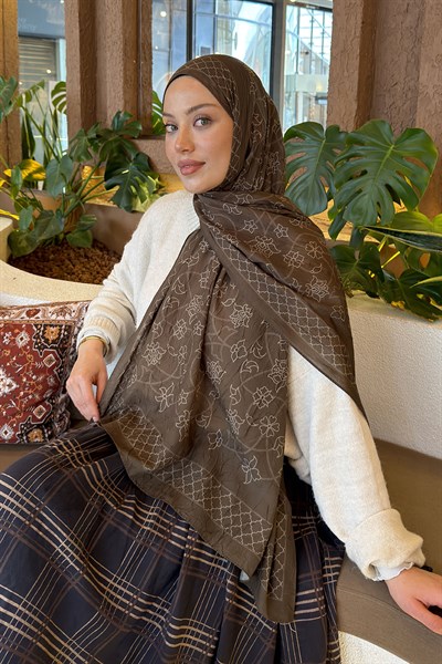 Geometrik Desen Bambu Şal Asker Yeşili