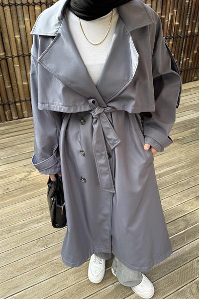 Uzun Apoletli Oversize Trenç Antrasit