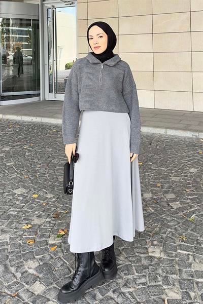Yaka Fermuarlı Crop Triko Kazak Gri