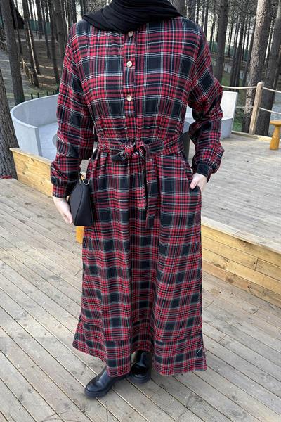 Ekose Desen Elbise Bordo