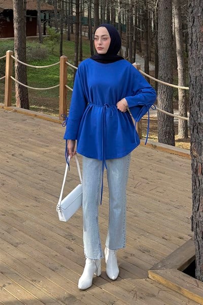 Yırtmaç Detaylı Sweat Saks Mavisi