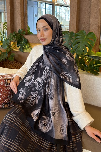 Çiçek Desen Bambu Şal Siyah