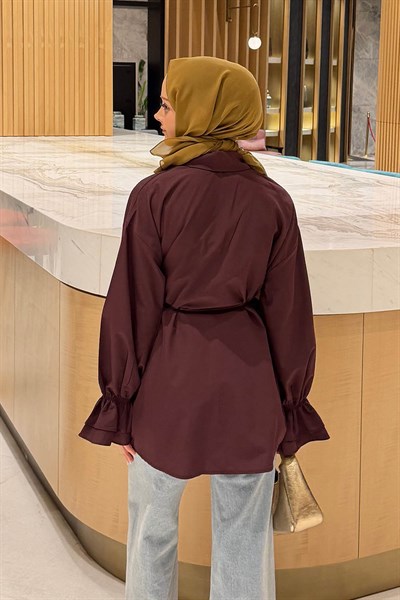 Fırfırlı Bağlama Detaylı Gömlek Mürdüm