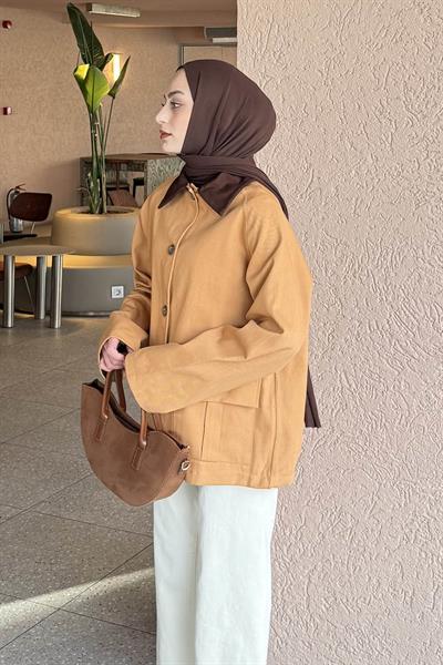 Yaka Detaylı Düğmeli Gabardin Ceket TABA