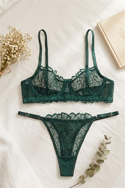Dantelli Bralet  Sütyen Takım Zümrüt Yeşili