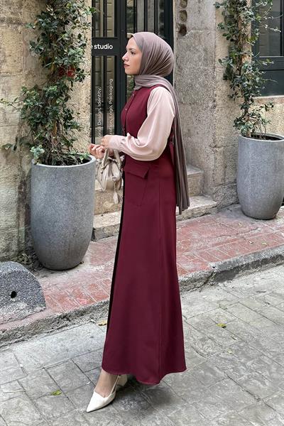 Düğme Detaylı Elbise Bordo
