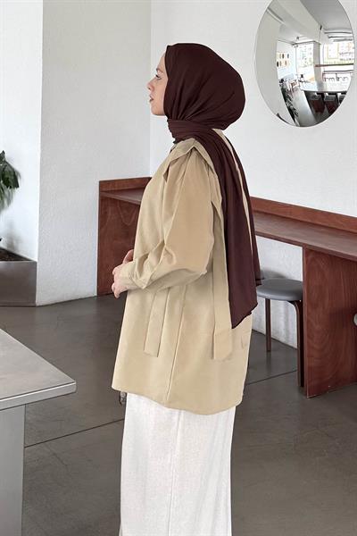 Omuz Vatka Detaylı Tesettür Gömlek Bej