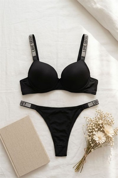 Mikro Kumaş Düz RenkTaşlı Destekli Sütyen Takımı Siyah