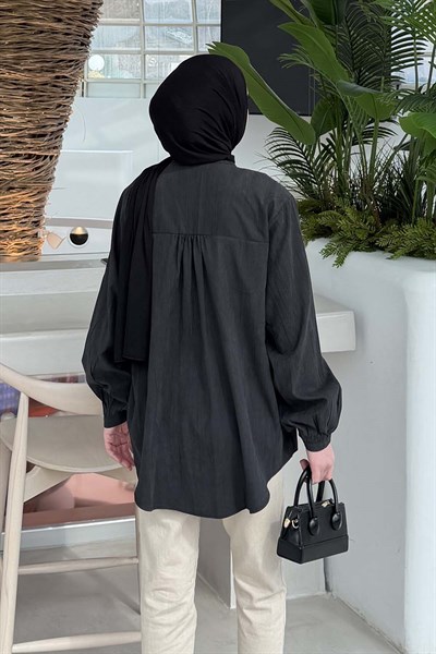 Brit düğmeli V Yaka Gömlek Siyah