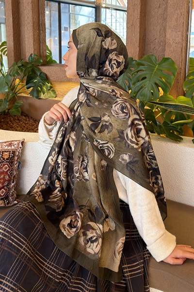 Çiçek Desen Bambu Şal Haki
