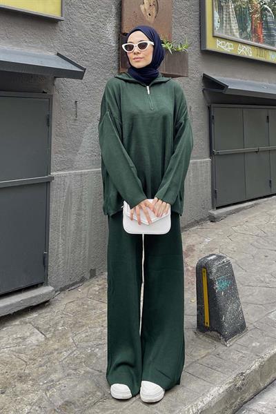 Selanik Pantalonlu Tesettür Takım Zümrüt Yeşili