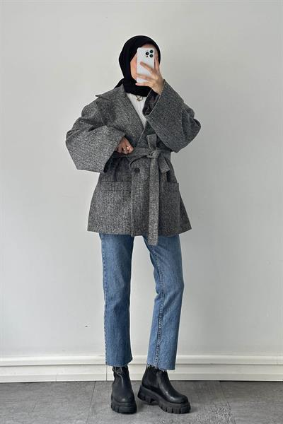 Balıksırtı Desen Kaşe Kaban Gri