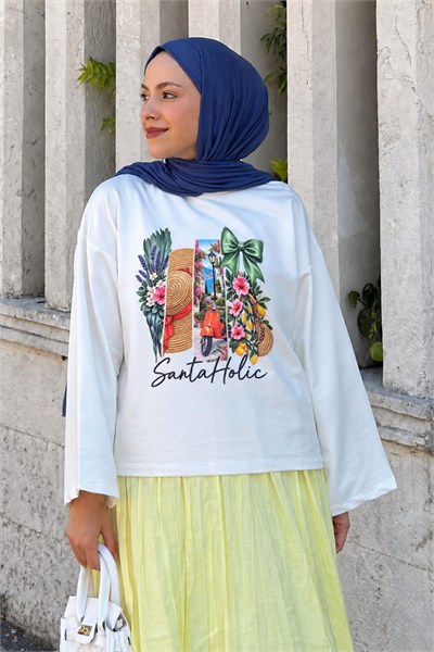 Basic Oversize Yaz Esintisi Baskılı Bluz Beyaz