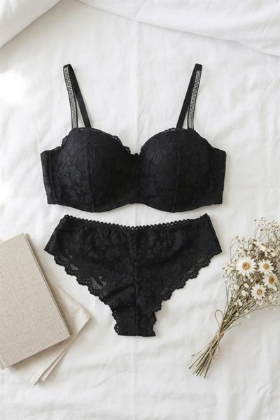 Toparlayıcı Özellik Çıkarılabilir Askı Lotus Sütyen Takım Siyah