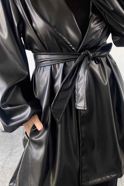 Kruvaze Yaka Deri Trenç Siyah