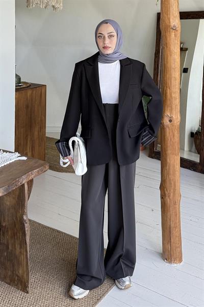 Astarı Çizgili Atlas Ceket Siyah