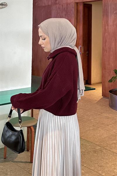 Yaka Fermuarlı Crop Triko Kazak Bordo