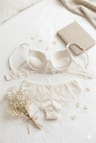 Dantelli Destekli Sütyen Takım Ekru