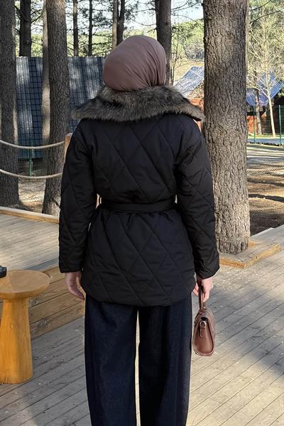 Kürk Yaka Bağlama Detaylı Mont Siyah